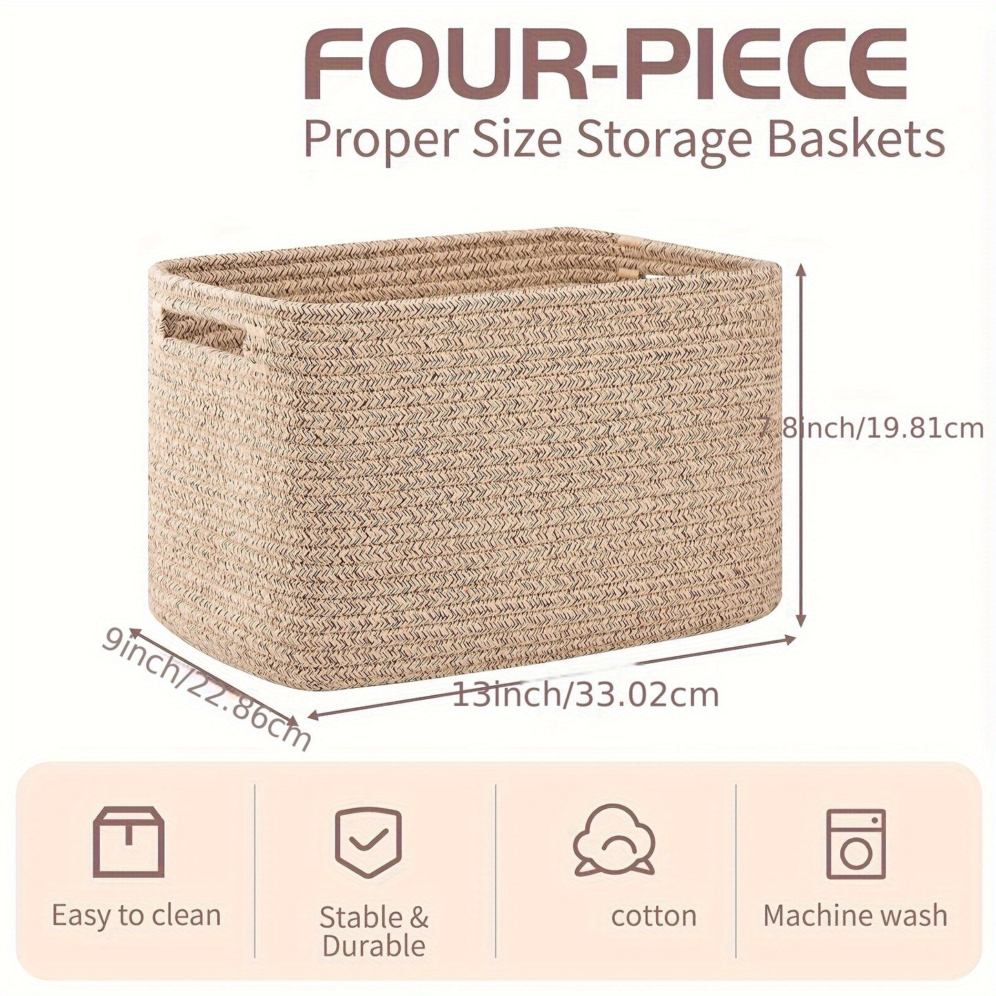 4pcs Woven Storage Baskets with Handles, Rectangle Cube Organizers for Shelves, 13''Lx9''Wx7.8''H, Natural Beige Color, Durable Woven Design, Versatile Home Organization Solution, Basket Storage, Laundry Baskets