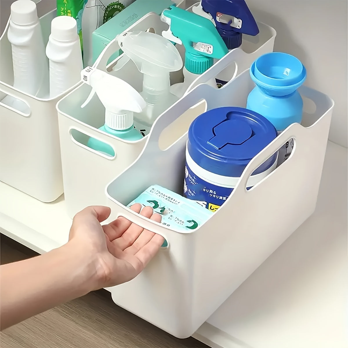 3-Pack Contemporary Plastic Shelf Baskets for Kitchen Sink Organization, Multipurpose Rectangular Soft Storage Bins, Japanese Style Cleaning Supplies & Bathroom Organizer Baskets with Open Top
