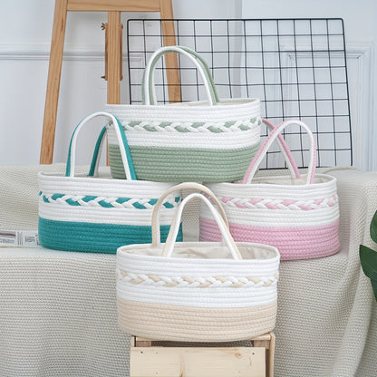 Large Capacity Bohemian Rope Woven Storage Basket | 1pc | Rope | Foldable Organizer | Home or Travel | Teal\u002FWhite\u002FPink\u002FBeige Striped | Bohemian