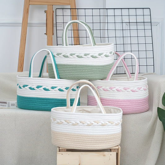 Large Capacity Bohemian Rope Woven Storage Basket | 1pc | Rope | Foldable Organizer | Home or Travel | Teal\u002FWhite\u002FPink\u002FBeige Striped | Bohemian