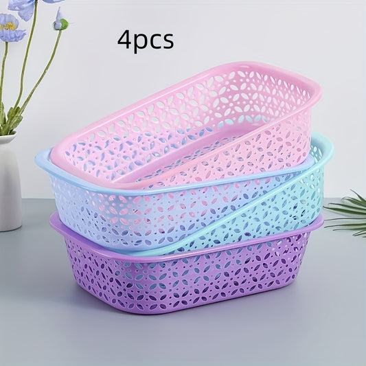 4 Stackable Plastic Mesh Storage Baskets - Modern Geometric Design, Available in Multiple Colors (Light Blue, Pink, Purple), Suitable for Home, Office, Classroom, and Kitchen Organizing, Shelving Baskets, Shelf Baskets