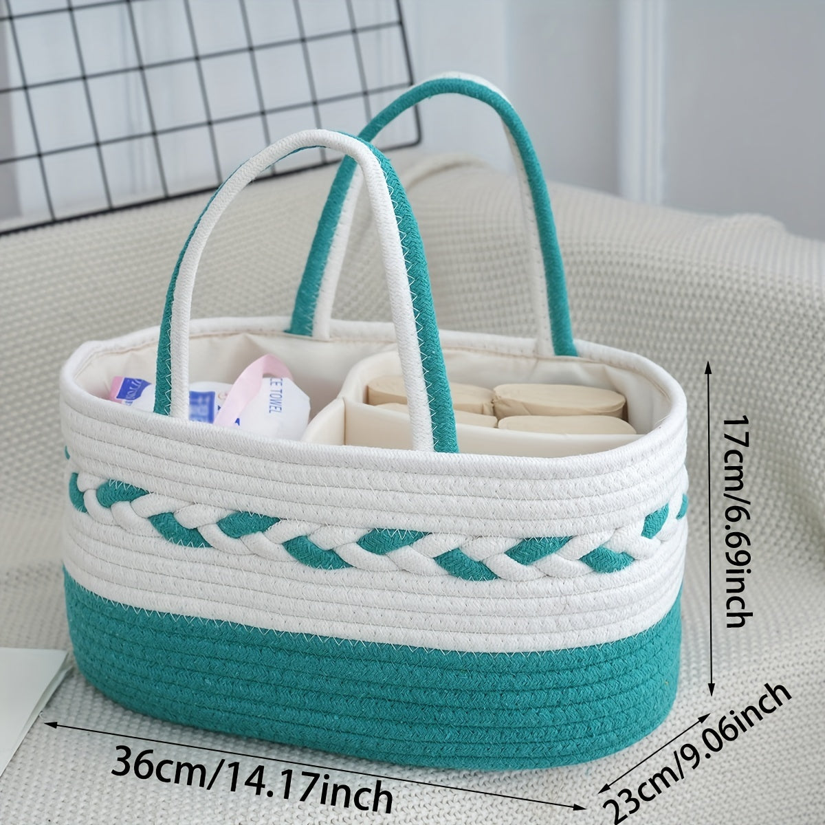 Large Capacity Bohemian Rope Woven Storage Basket | 1pc | Rope | Foldable Organizer | Home or Travel | Teal\u002FWhite\u002FPink\u002FBeige Striped | Bohemian