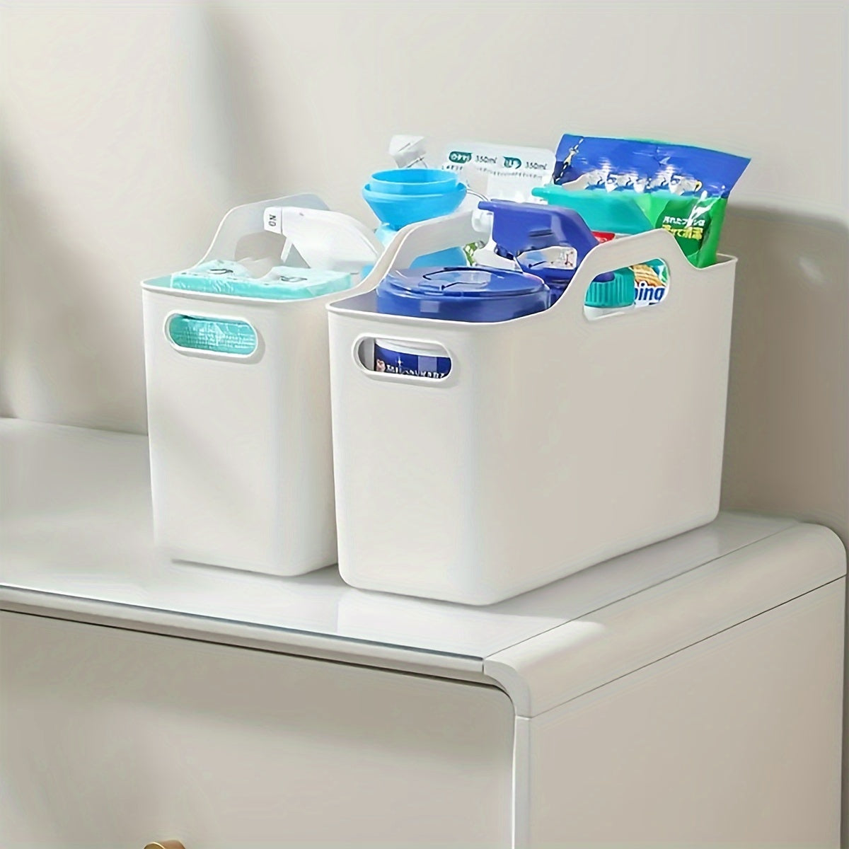 3-Pack Contemporary Plastic Shelf Baskets for Kitchen Sink Organization, Multipurpose Rectangular Soft Storage Bins, Japanese Style Cleaning Supplies & Bathroom Organizer Baskets with Open Top