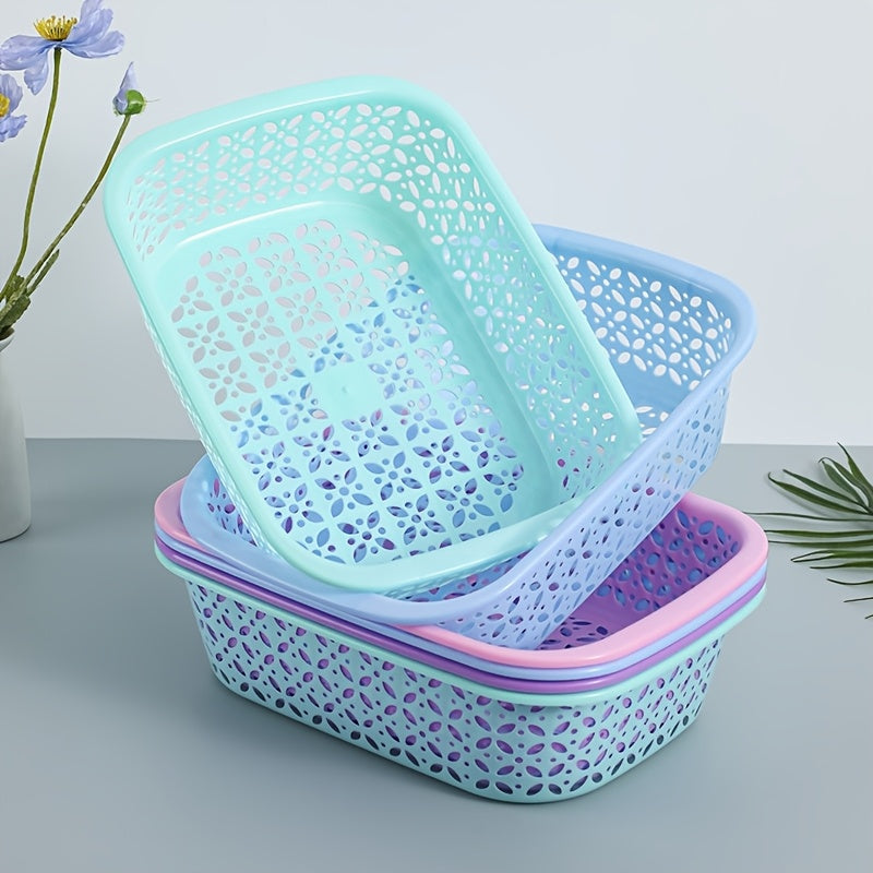 4 Stackable Plastic Mesh Storage Baskets - Modern Geometric Design, Available in Multiple Colors (Light Blue, Pink, Purple), Suitable for Home, Office, Classroom, and Kitchen Organizing, Shelving Baskets, Shelf Baskets