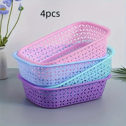 4 Stackable Plastic Mesh Storage Baskets - Modern Geometric Design, Available in Multiple Colors (Light Blue, Pink, Purple), Suitable for Home, Office, Classroom, and Kitchen Organizing, Shelving Baskets, Shelf Baskets