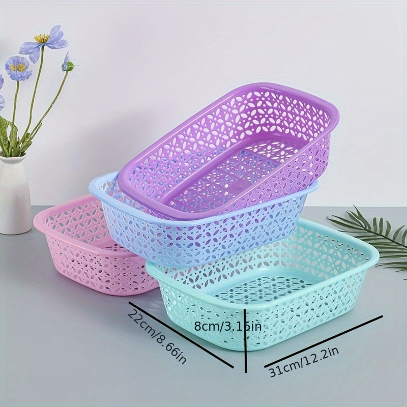 4 Stackable Plastic Mesh Storage Baskets - Modern Geometric Design, Available in Multiple Colors (Light Blue, Pink, Purple), Suitable for Home, Office, Classroom, and Kitchen Organizing, Shelving Baskets, Shelf Baskets