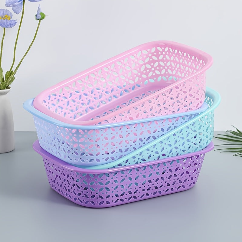 4 Stackable Plastic Mesh Storage Baskets - Modern Geometric Design, Available in Multiple Colors (Light Blue, Pink, Purple), Suitable for Home, Office, Classroom, and Kitchen Organizing, Shelving Baskets, Shelf Baskets