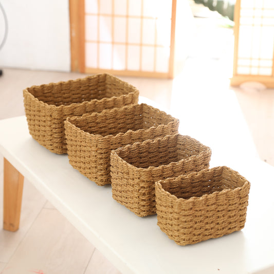 4pcs Handwoven Storage Bins Organizer 4pcs Set Handwoven Paper Rope Storage Bins, Vintage Style Multipurpose Organizer Baskets for Clothing, Desktop Sundries, And Cosmetics, Various Sizes, Storage Bins for Home Organization