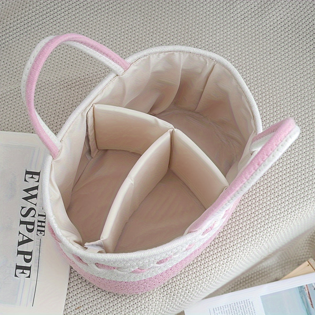 Large Capacity Bohemian Rope Woven Storage Basket | 1pc | Rope | Foldable Organizer | Home or Travel | Teal\u002FWhite\u002FPink\u002FBeige Striped | Bohemian