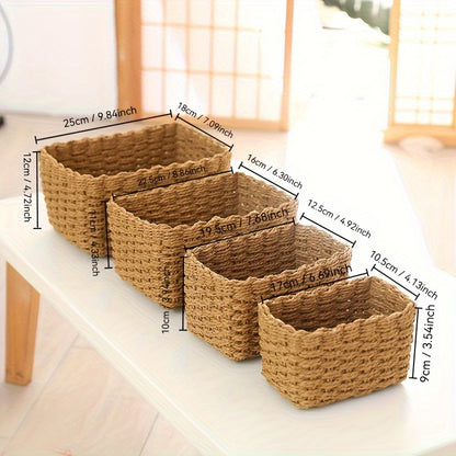 4pcs Handwoven Storage Bins Organizer 4pcs Set Handwoven Paper Rope Storage Bins, Vintage Style Multipurpose Organizer Baskets for Clothing, Desktop Sundries, And Cosmetics, Various Sizes, Storage Bins for Home Organization