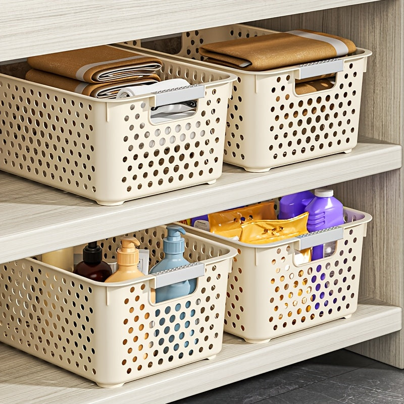 4pcs Stackable Plastic Storage Bins with Handles - Multi-Purpose Organizer Baskets for Home, Kitchen, Dorm - Contemporary Design with Open Top for Easy Access, Kitchen Storage Solution|Contemporary Style|Stackable Bins, Bins for Organizing, Shelf Baskets