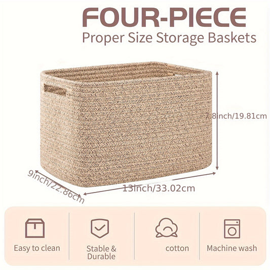 4pcs Woven Storage Baskets with Handles, Rectangle Cube Organizers for Shelves, 13''Lx9''Wx7.8''H, Natural Beige Color, Durable Woven Design, Versatile Home Organization Solution, Basket Storage, Laundry Baskets