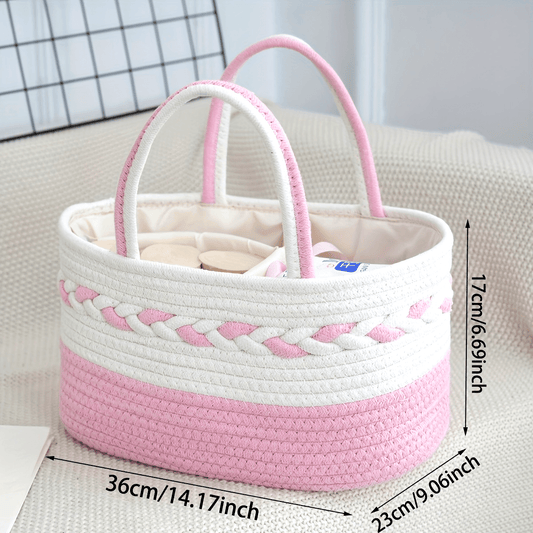 Large Capacity Bohemian Rope Woven Storage Basket | 1pc | Rope | Foldable Organizer | Home or Travel | Teal\u002FWhite\u002FPink\u002FBeige Striped | Bohemian