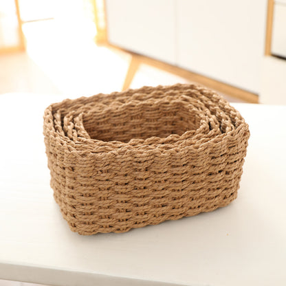 4pcs Handwoven Storage Bins Organizer 4pcs Set Handwoven Paper Rope Storage Bins, Vintage Style Multipurpose Organizer Baskets for Clothing, Desktop Sundries, And Cosmetics, Various Sizes, Storage Bins for Home Organization