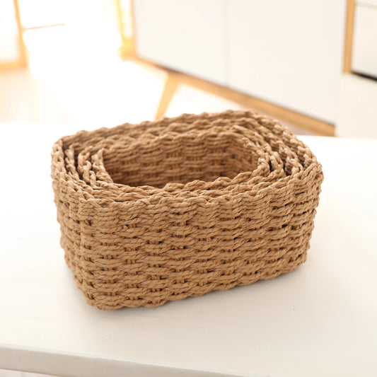 4pcs Handwoven Storage Bins Organizer 4pcs Set Handwoven Paper Rope Storage Bins, Vintage Style Multipurpose Organizer Baskets for Clothing, Desktop Sundries, And Cosmetics, Various Sizes, Storage Bins for Home Organization