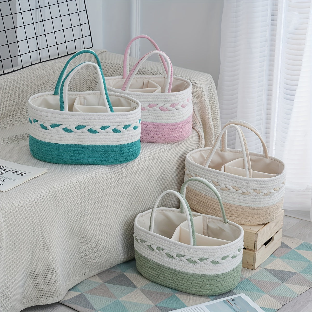 Large Capacity Bohemian Rope Woven Storage Basket | 1pc | Rope | Foldable Organizer | Home or Travel | Teal\u002FWhite\u002FPink\u002FBeige Striped | Bohemian