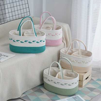 Large Capacity Bohemian Rope Woven Storage Basket | 1pc | Rope | Foldable Organizer | Home or Travel | Teal\u002FWhite\u002FPink\u002FBeige Striped | Bohemian